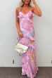 Mixiedress Spaghetti Strap Backless Ruffle Trim Printed Maxi Dress