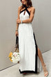 Mixiedress Halter Backless Side Split Color Block Cotton Linen Maxi Dress