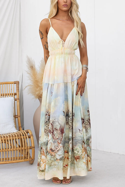 Lace-up V Neck Waisted Unique Print Maxi Cami Dress