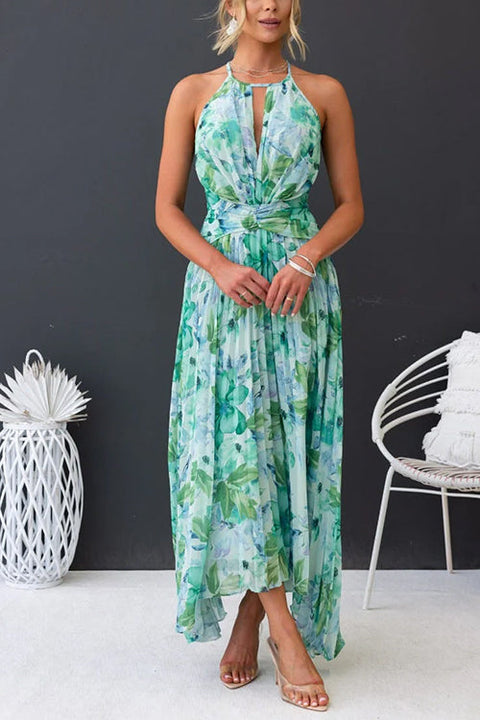 Mixiedress V Neck Waisted Cut Out Floral Pleated Maxi Dress