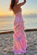 Mixiedress Spaghetti Strap Backless Ruffle Trim Printed Maxi Dress