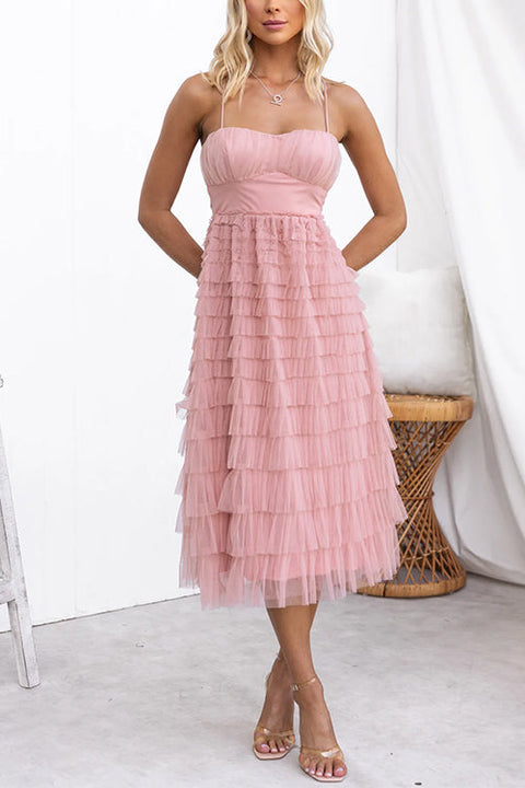 Spaghetti Strap Tulle Ruffle Layered Mesh Midi Dress