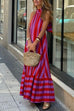 Mixiedress Halter Neck Open Back Striped Ruffle Maxi Vacation Dress