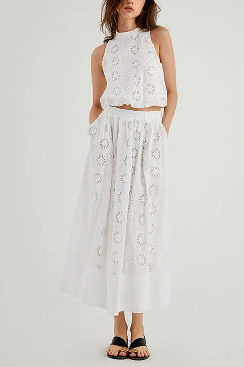 Mixiedress Elastic Waist Lace Hollow Out Pocketed Maxi Skirt