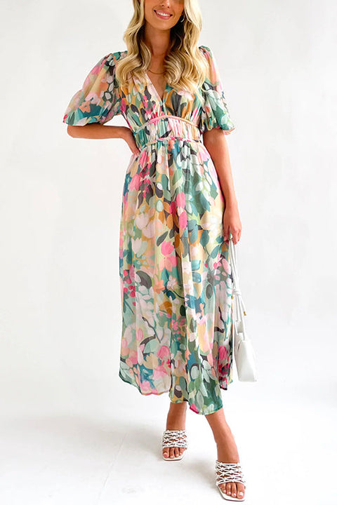 Mixiedress V Neck Frilled Waist Floral Printed Maxi Swing Dress