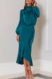 Mixiedress Mockneck Long Sleeves Waisted Ruffle Mermaid Satin Dress