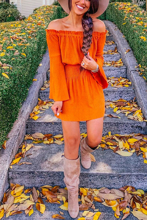 Off Shoulder Bell Sleeves Smocked Waist Mini Dress