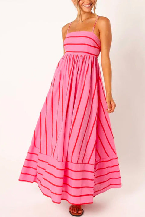 Mixiedress High Waist Back Cut Out Striped Maxi Cami Dress