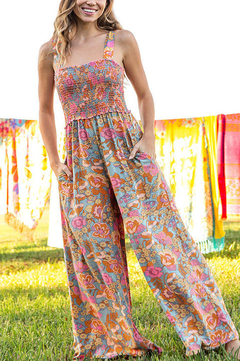 Mixiedress Wide Straps Smocked Wide Leg Floral Jumpsuit