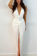 Mixiedress Deep V Neck Backless Ruched Twist Front Slit Maxi Dress