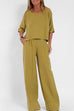 Mixiedress Round Neck 3/4 Sleeves Pullovers Wide Leg Pants Cotton Linen Set