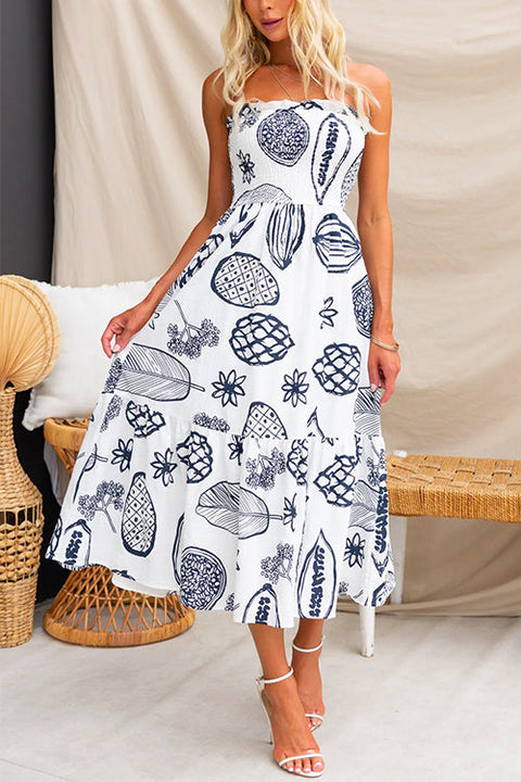 Strapless Smocked Tube Top Tropic Print Midi Vacation Dress