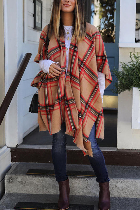 Open Front Plaid Sweater Poncho Scarf