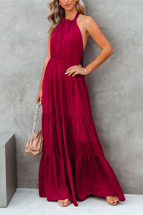 Mixiedress Halter Backless Waisted Ruffle Tiered Maxi Holiday Dress