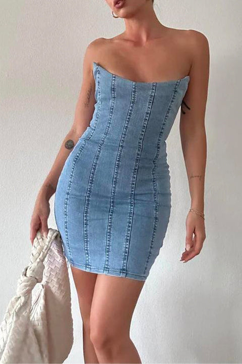 Mixiedress Strapless Tube Top Denim Mini Bodycon Dress