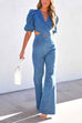 Mixiedress V Neck Puff Sleeve Cut Out Bell Bottoms Denim Jumpsuit