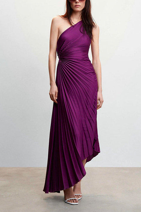 Mixiedress Sleeveless One Shoulder Cut Out Maxi Pleated Party Dress