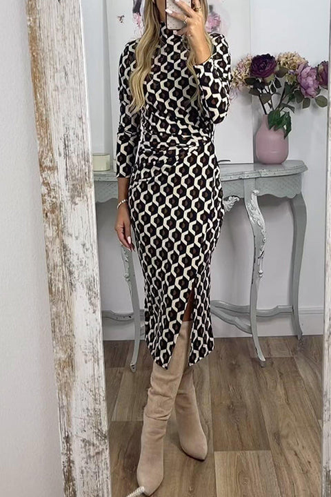 Mockneck Ruched Slit Printed Midi Bodycon Dress