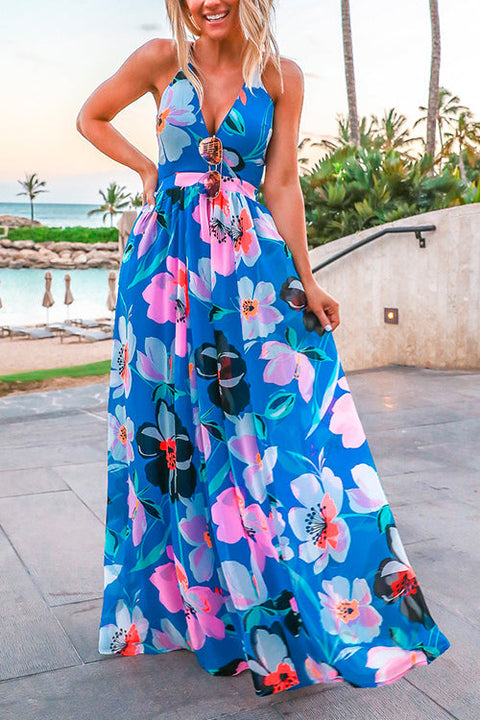 Mixiedress Halter V Neck Backless Waisted Maxi Floral Swing Dress