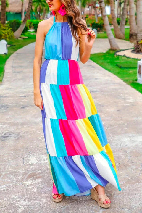 Mixiedress Halter Backless Ruffle Tiered Maxi Rainbow Dress