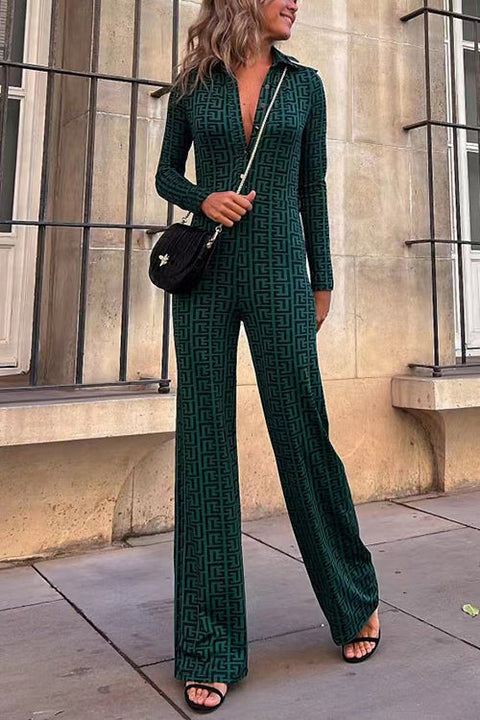 Button Up Long Sleeves Bow Tie Back Wide Leg Printed Jumpsuit