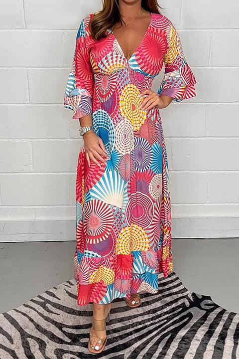 Mixiedress V Neck Ruffle Sleeve Printed Maxi Swing Dress