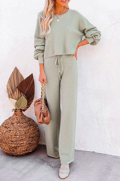 Mixiedress Round Neck Pullover Drawstring Waist Wide Leg Pants Loungewear Set