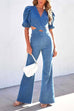 Mixiedress V Neck Puff Sleeve Cut Out Bell Bottoms Denim Jumpsuit