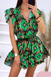 Mixiedress Drawstring V Neck Printed Ruffle Mini Swing Dress