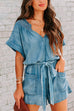 Mixiedress V Neck Short Sleeves Tie Waist Pockets Denim Romper