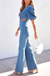 Mixiedress V Neck Puff Sleeve Cut Out Bell Bottoms Denim Jumpsuit