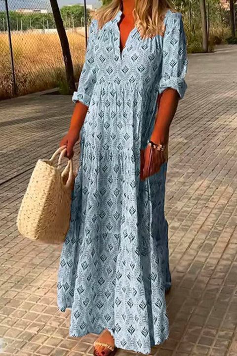 Mixiedress V Neck Long Sleeves Tiered Printed Maxi Dress