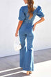 Mixiedress V Neck Puff Sleeve Cut Out Bell Bottoms Denim Jumpsuit