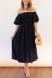 Mixiedress Off Shoulder Puff Sleeves Frilled Waist Midi Swing Dress