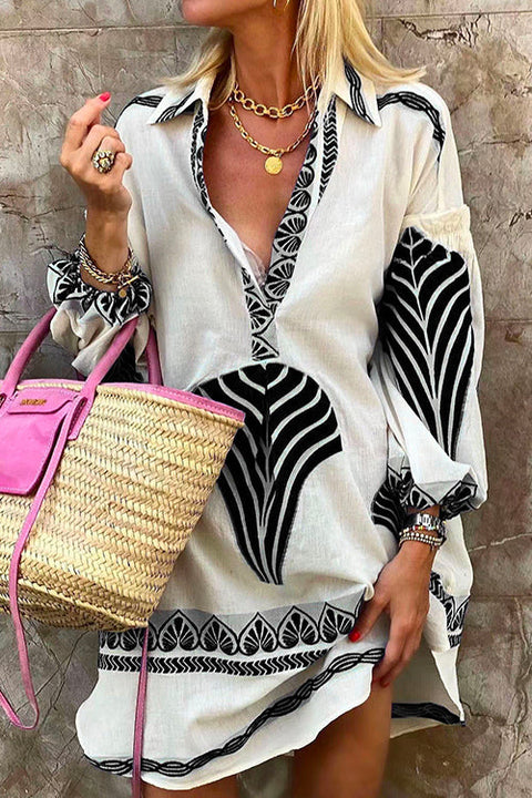 Mixiedress Lapel V Neck Long Sleeve Printed Shirt Dress