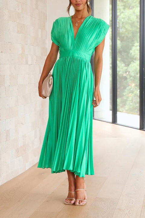 Mixiedress Deep V Neck Waisted Maxi Pleated Swing Dress