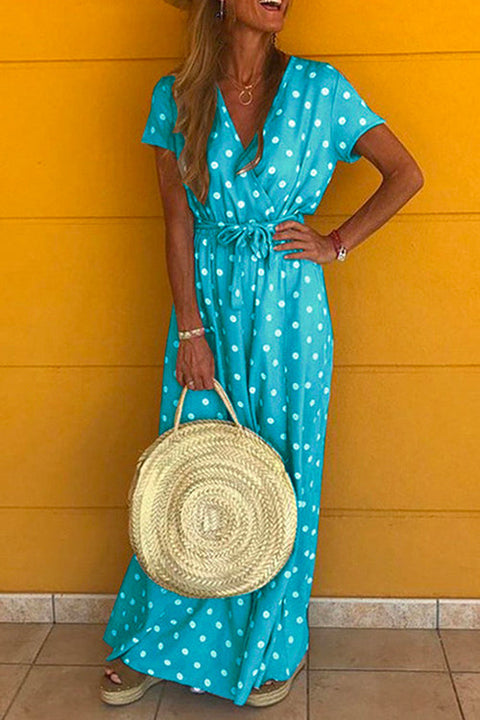 Mixiedress V Neck Short Sleeve Tie Waist Polka Dot Maxi Holiday Dress