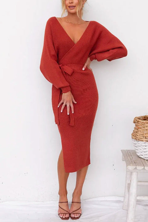 Mixiedress Wrap V Neck Side Split Tie Waist Midi Sweater Dress