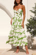 Mixiedress Strapless Twist Front Abstract Print Tiered Midi Dress