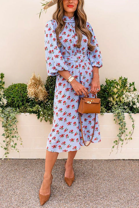 Mockneck Balloon Sleeves Waisted Floral Midi Vacation Dress