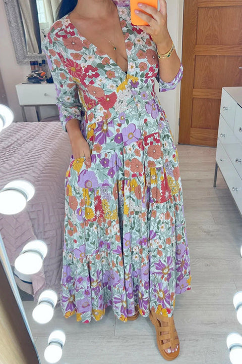 Mixiedress Deep V Neck High Waist Pockets Floral Maxi Swing Dress