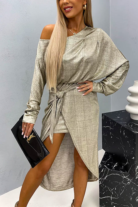 Cold Shoulder Tie Waist Metallic Wrap Dress