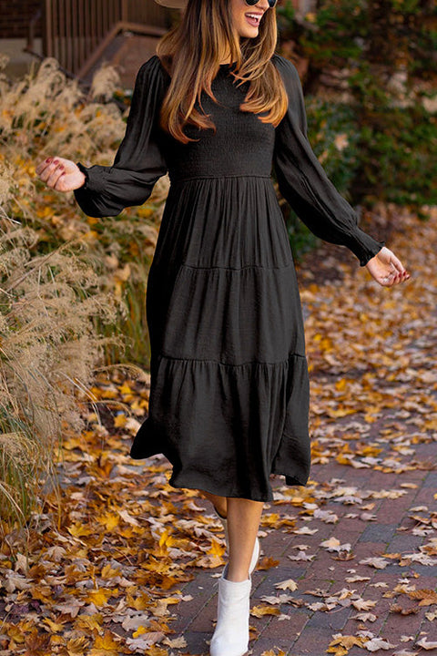 Mixiedress Crewneck Frill Smocked Lantern Sleeve Swing Dress