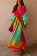 Mixiedress V Neck Balloon Sleeves Rainbow Gradient Maxi Swing Dress