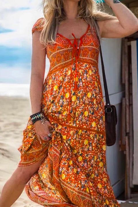 Mixiedress Tassel V Neck Bohemia Printed Maxi Beach Dress