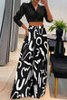 Mixiedress Twist Knot Long Sleeve Crop Top Printed Wide Leg Pants Set