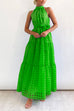 Mixiedress Mockneck Tie Waist Ruffle Tiered Plaid Mesh Maxi Swing Dress