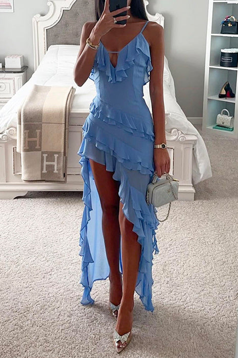 Mixiedress V Neck Ruffle Trim High Low Hem Party Cami Dress