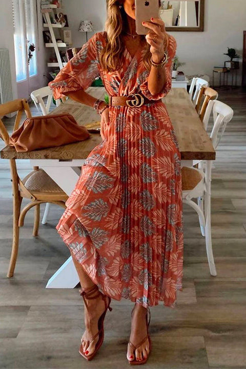 Mixiedress V Neck Half Sleeves Tropic Printed Pleated Maxi Holiday Dress