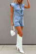 Mixiedress Button Up Short Sleeves Tie Waist Distressed Denim Romper